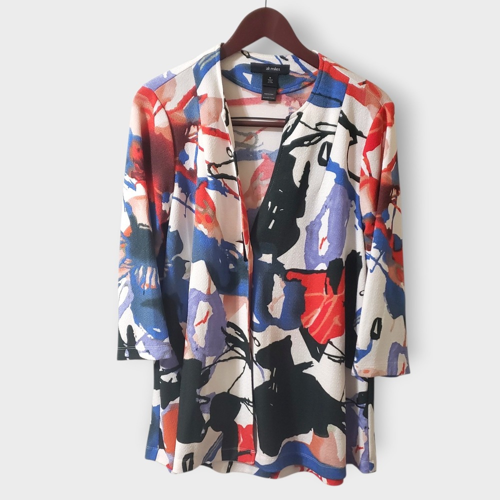 Ali Miles Multicolor‎ Abstract Print Open Front Button Cardigan Jacket Medium